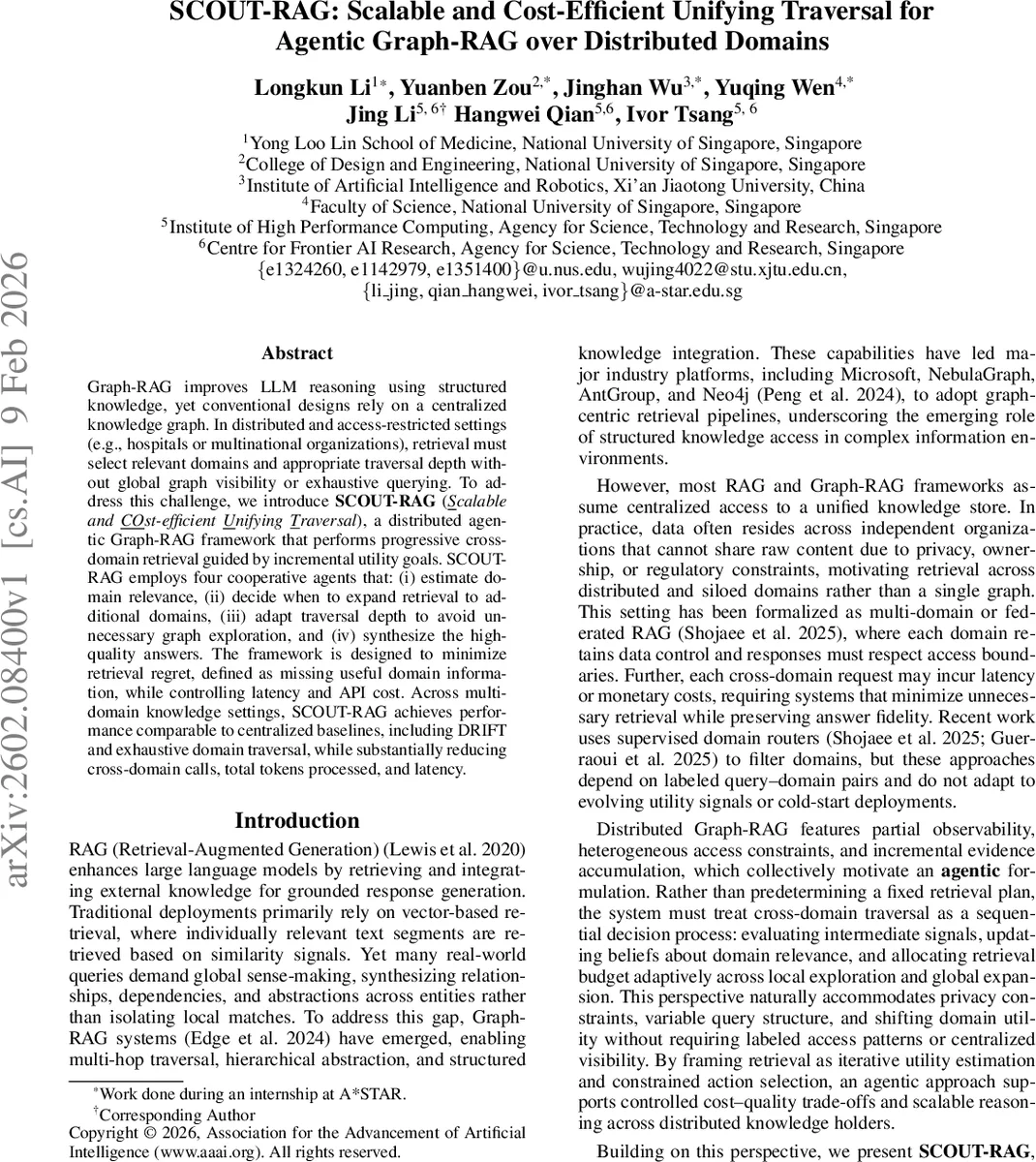 SCOUT-RAG: Scalable and Cost-Efficient Unifying Traversal for Agentic Graph-RAG over Distributed Domains