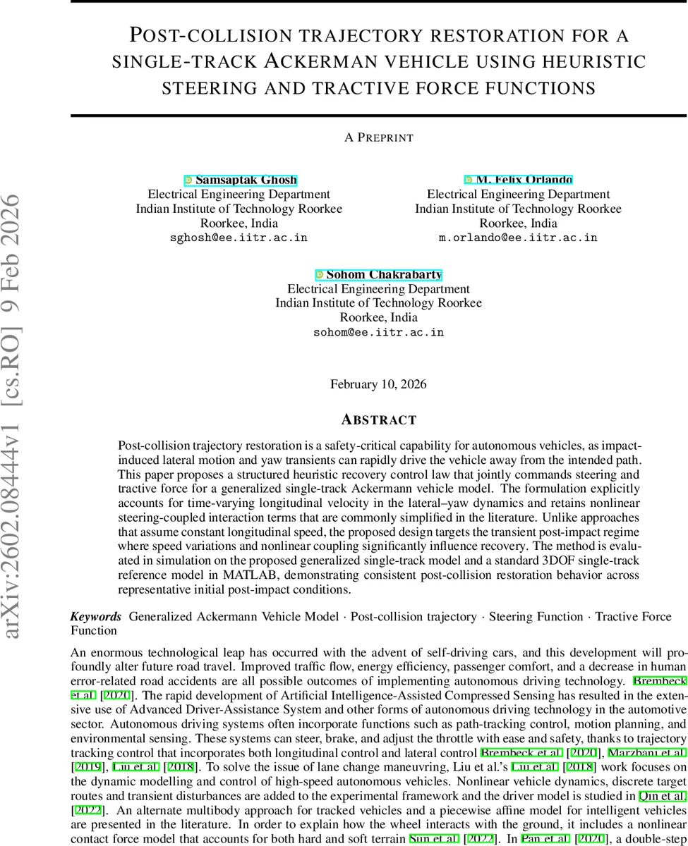 Post-Collision Trajectory Restoration for a Single-track Ackermann Vehicle using Heuristic Steering and Tractive Force Functions