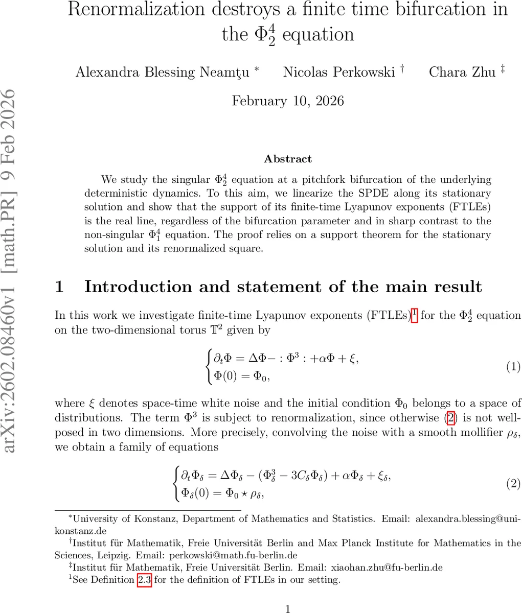 Renormalization destroys a finite time bifurcation in the $Φ^4_2$ equation