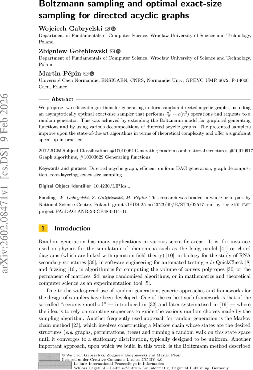 Boltzmann sampling and optimal exact-size sampling for directed acyclic graphs