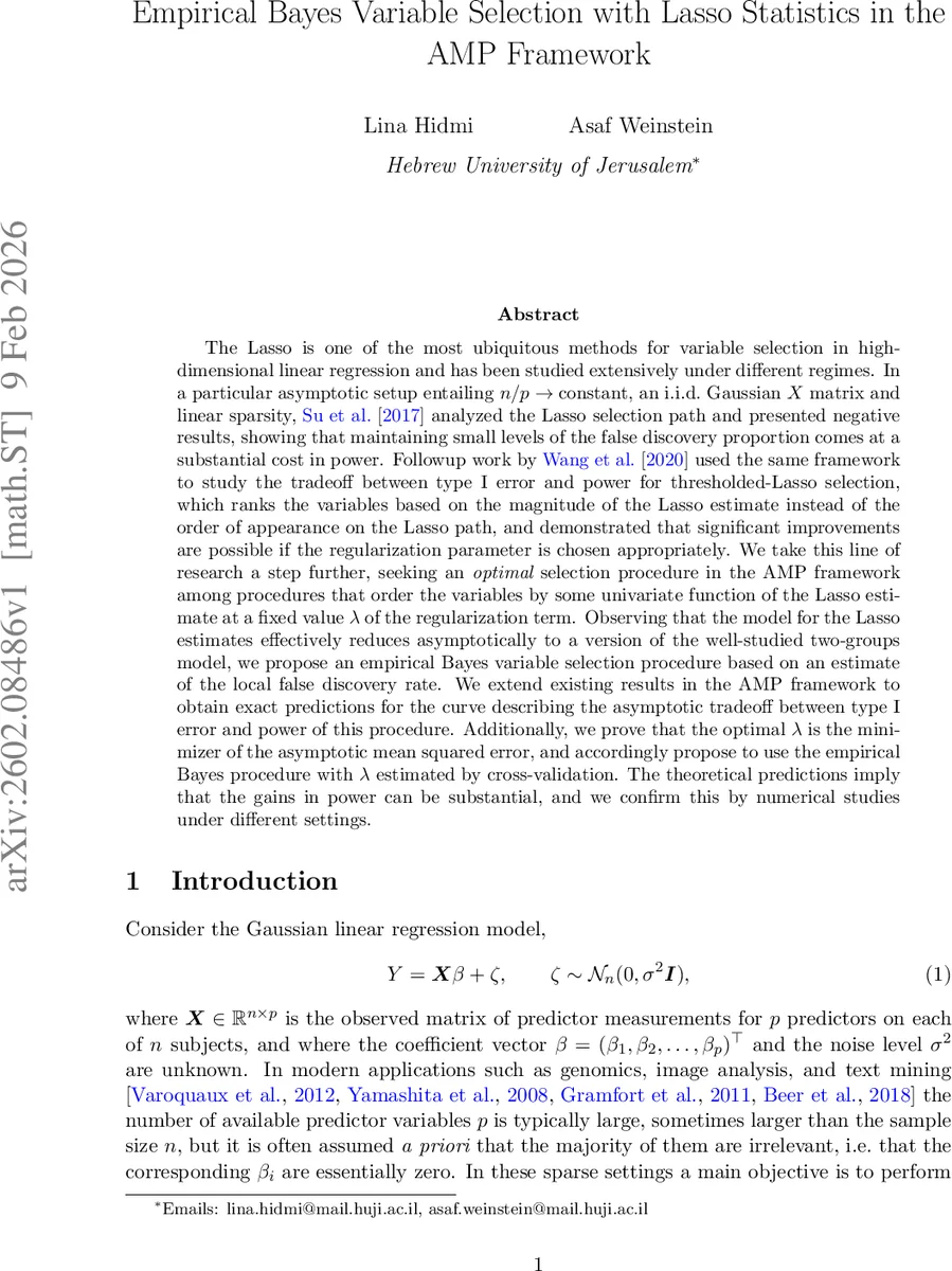 Empirical Bayes Variable Selection with Lasso Statistics in the AMP Framework