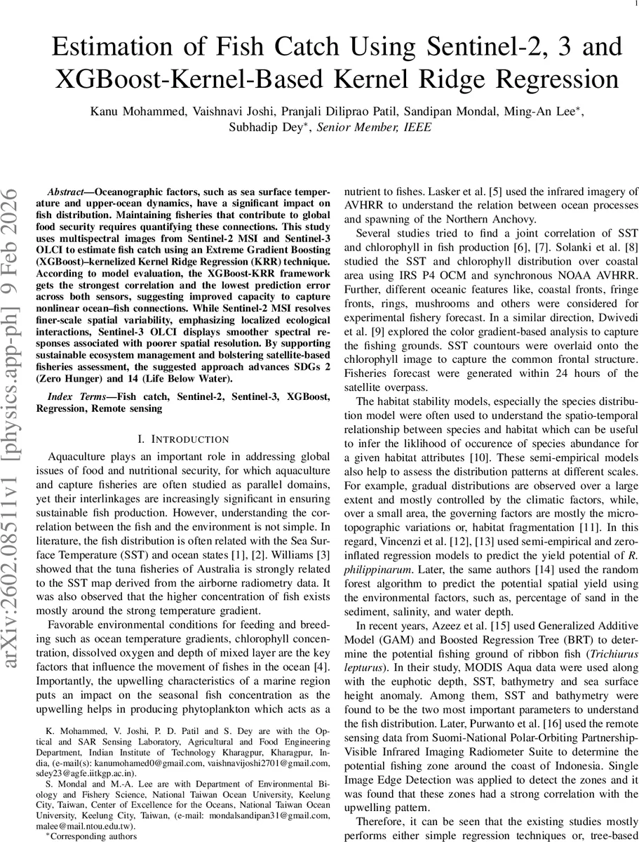 Estimation of Fish Catch Using Sentinel-2, 3 and XGBoost-Kernel-Based Kernel Ridge Regression