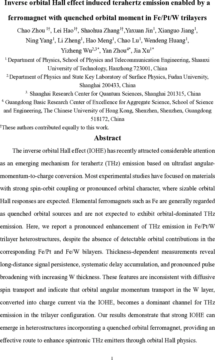Inverse orbital Hall effect induced terahertz emission enabled by a ferromagnet with quenched orbital moment in Fe/Pt/W trilayers