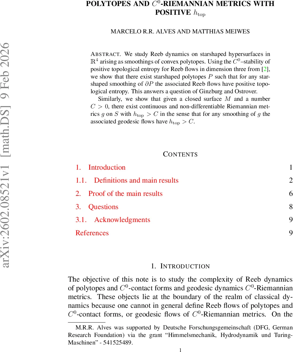 Polytopes and $C^0$-Riemannian metrics with positive $h_{m top}$