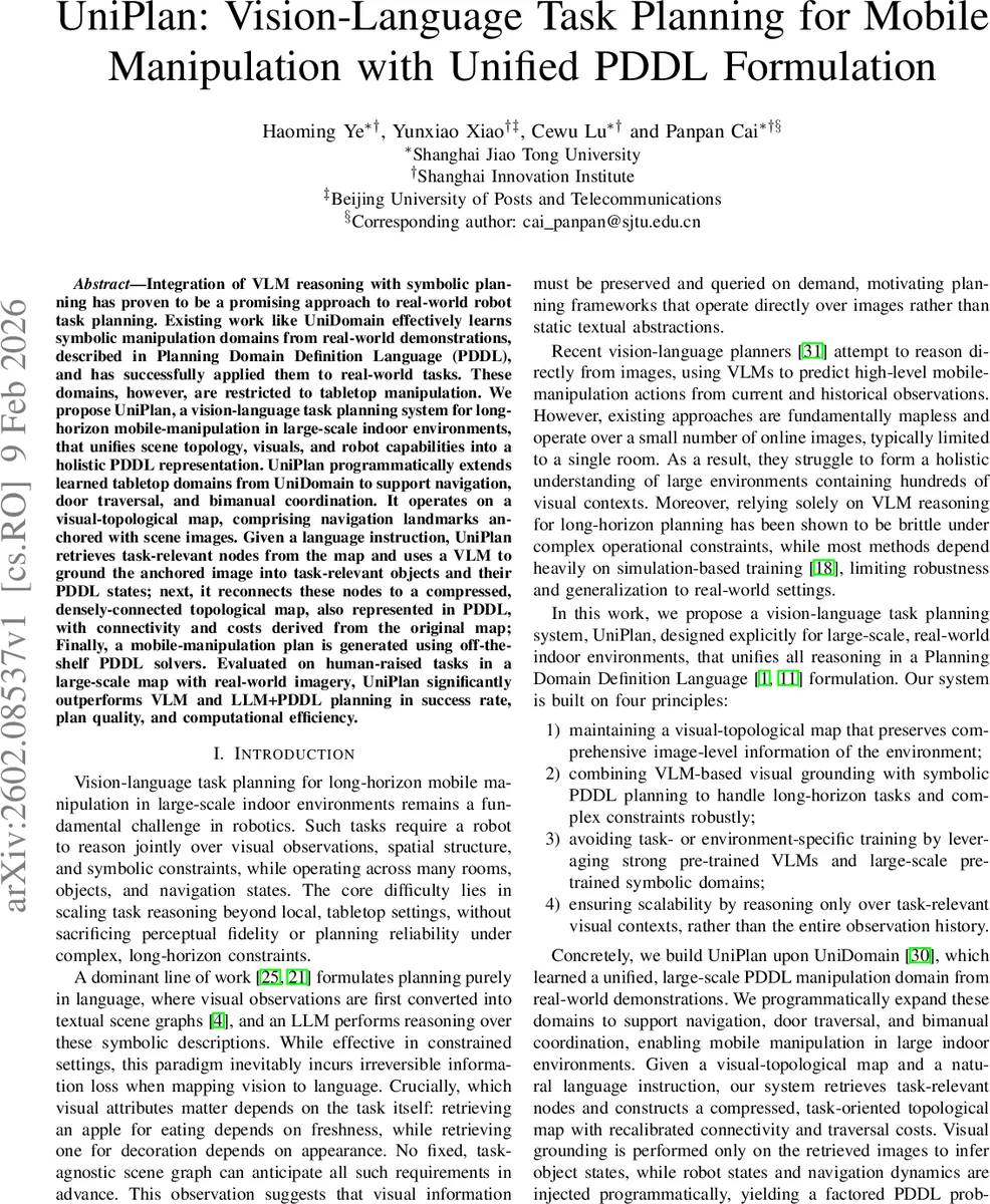 UniPlan: Vision-Language Task Planning for Mobile Manipulation with Unified PDDL Formulation