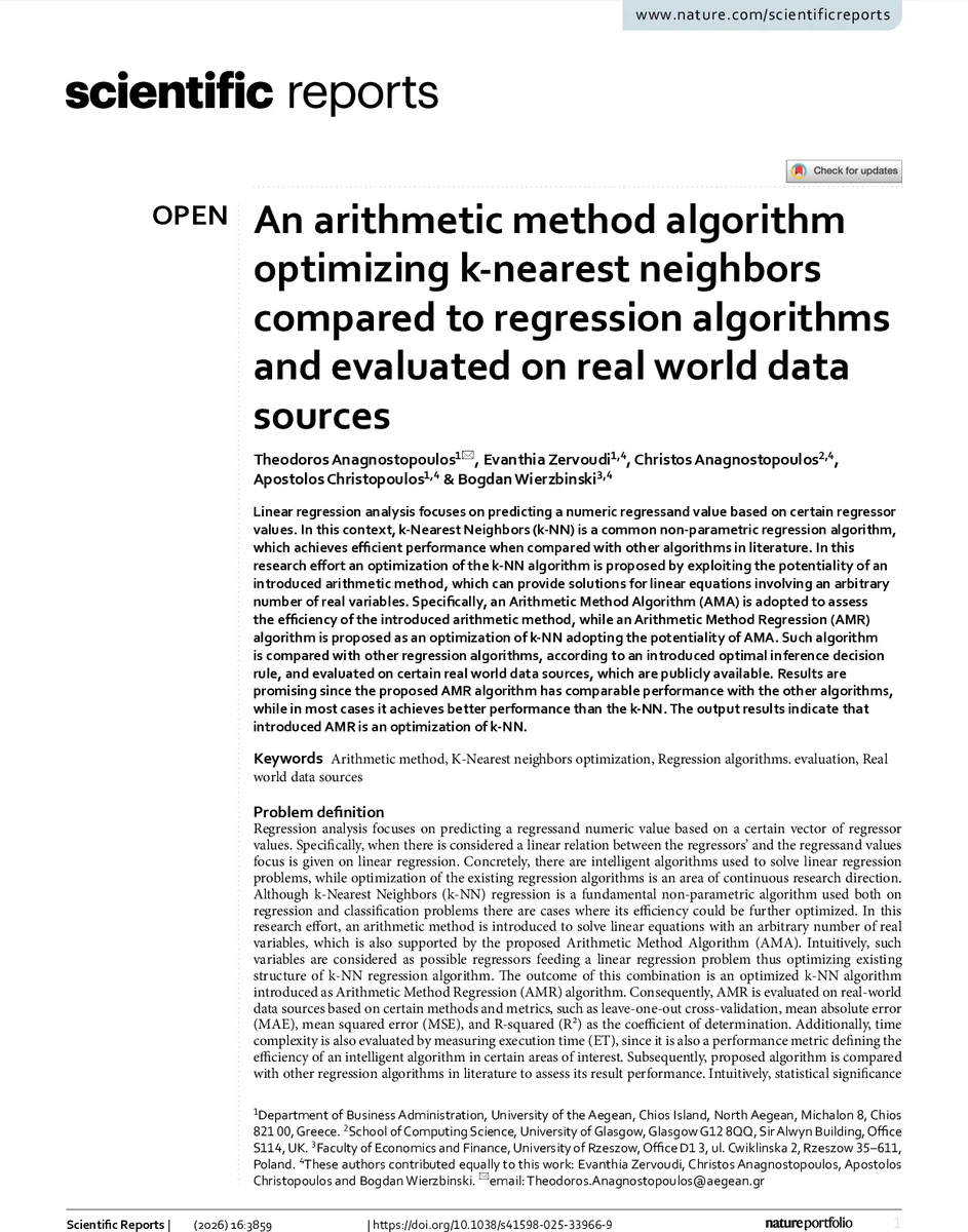 An arithmetic method algorithm optimizing k-nearest neighbors compared to regression algorithms and evaluated on real world data sources