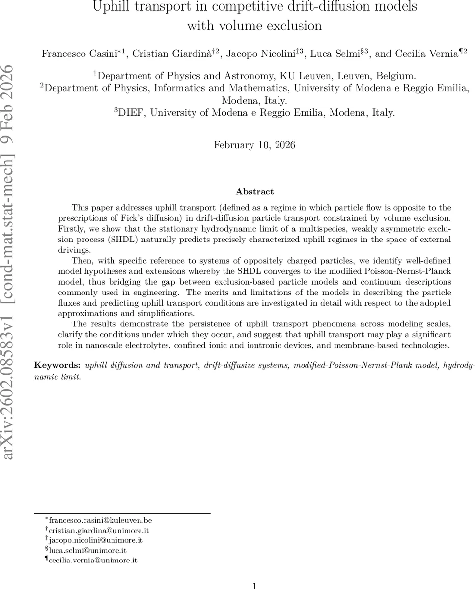 Uphill transport in competitive drift-diffusion models with volume exclusion