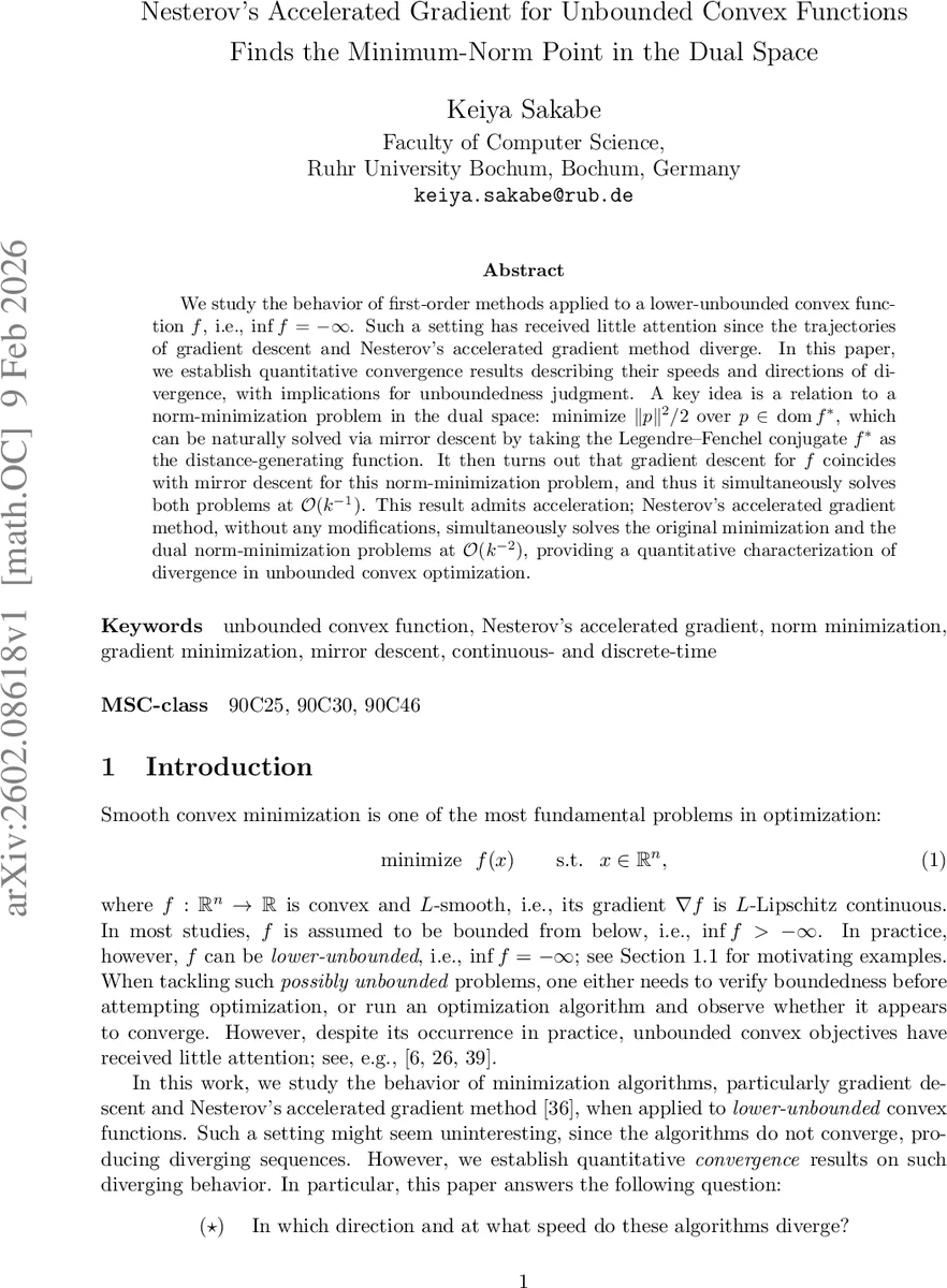 Nesterov's accelerated gradient for unbounded convex functions finds the minimum-norm point in the dual space
