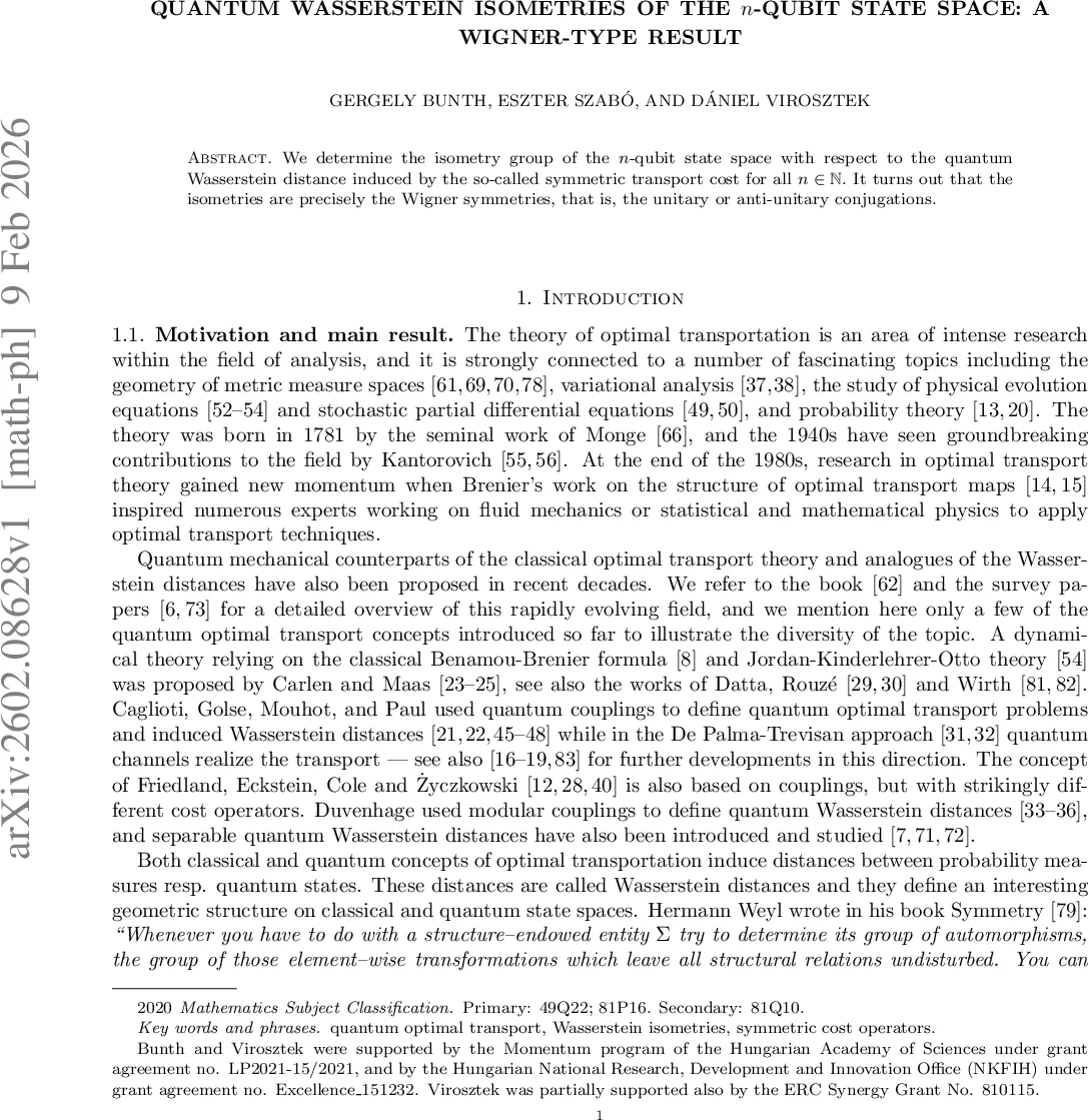 Quantum Wasserstein isometries of the $n$-qubit state space: a Wigner-type result