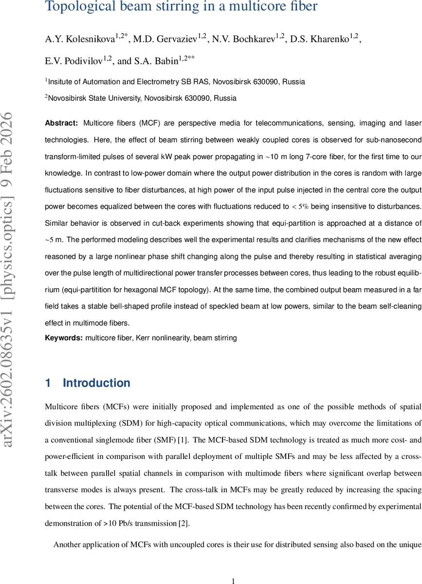 Topological beam stirring in a multicore fiber