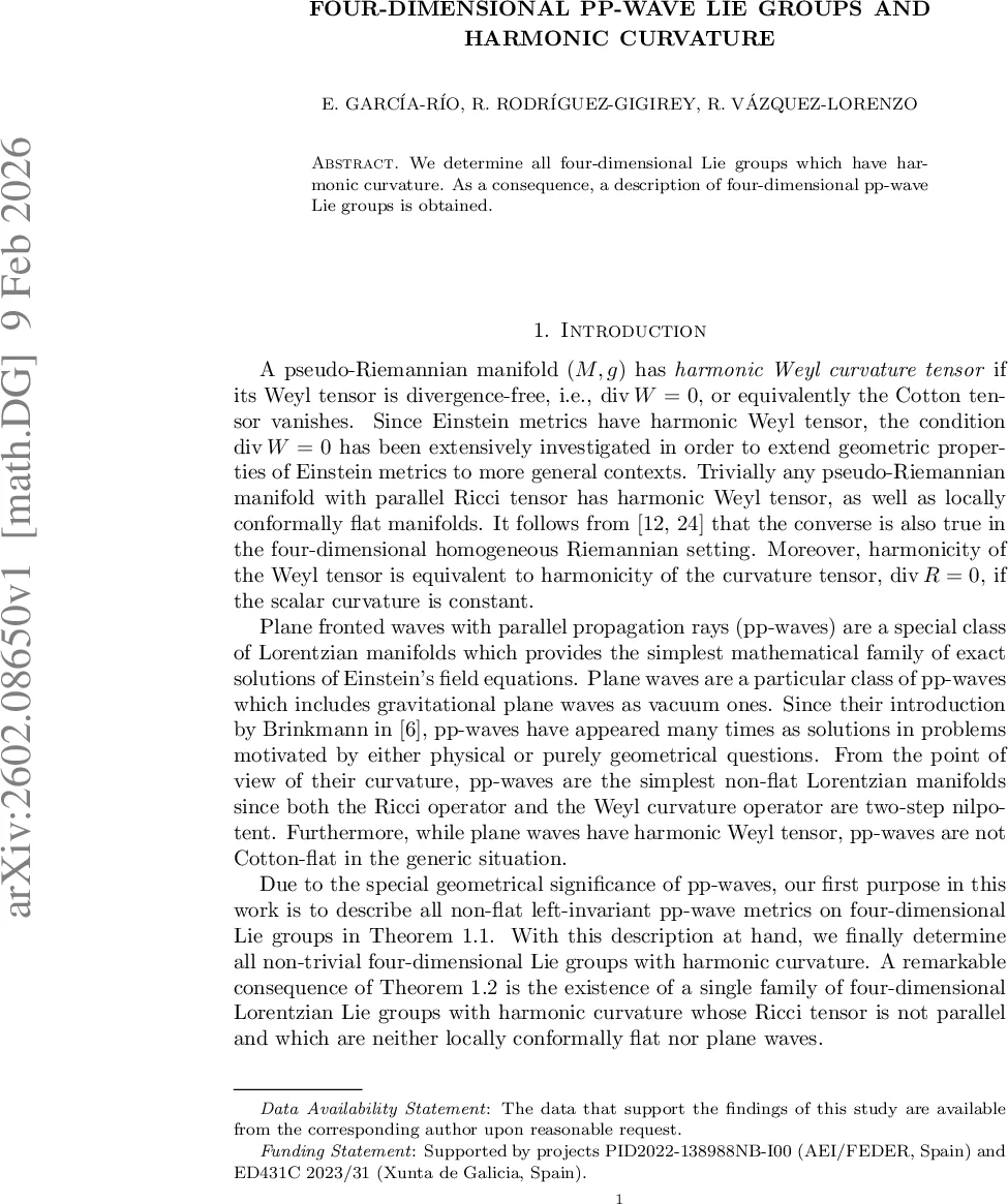 Four-dimensional pp-wave Lie groups and harmonic curvature