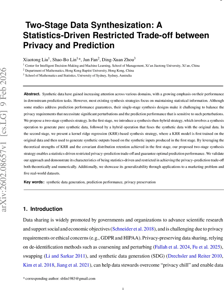 Two-Stage Data Synthesization: A Statistics-Driven Restricted Trade-off between Privacy and Prediction