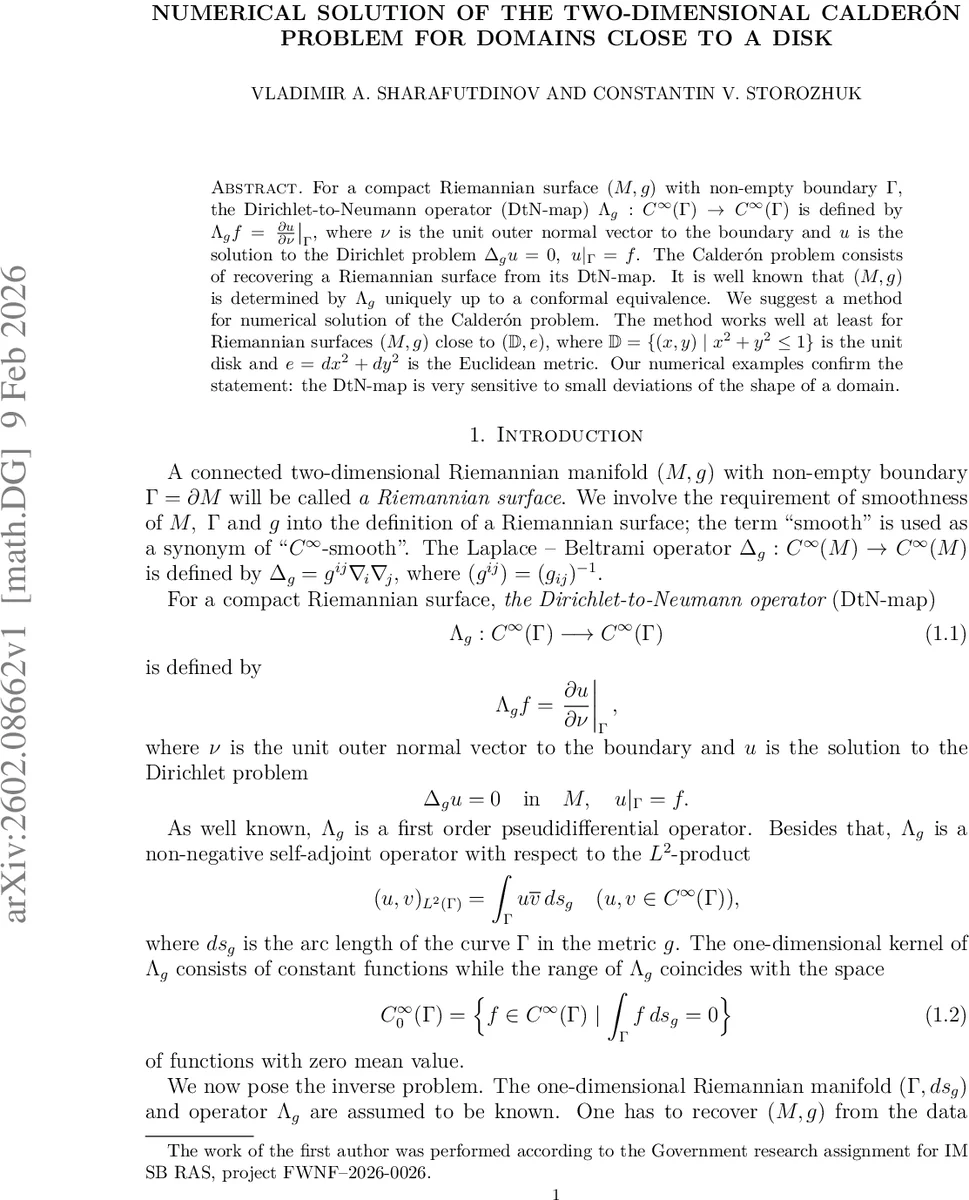 Numerical solution of the two-dimensional Calderon problem for domains close to a disk