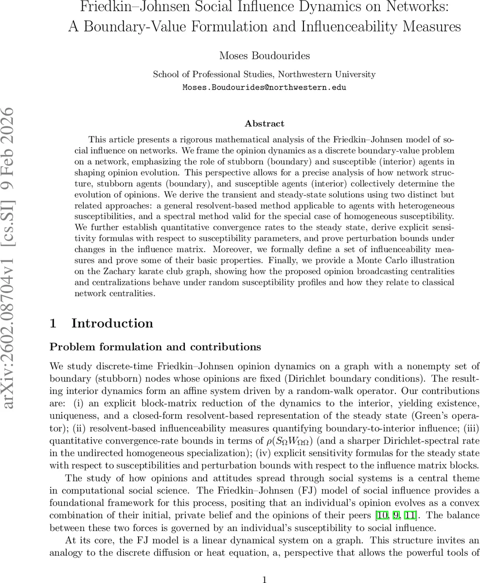 Friedkin-Johnsen Social Influence Dynamics on Networks: A Boundary-Value Formulation and Influenceability Measures