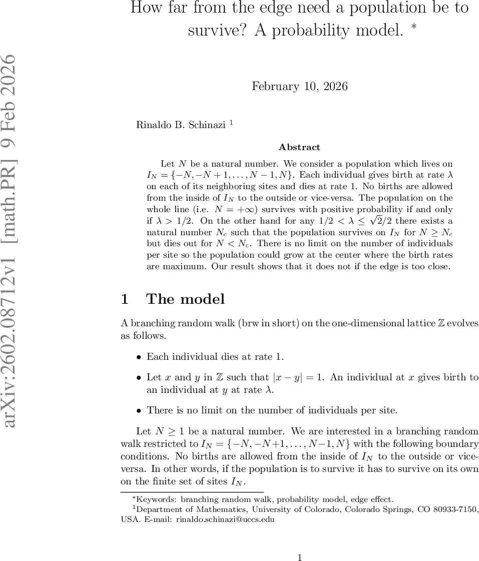 How far from the edge need a population be to survive? A probability model