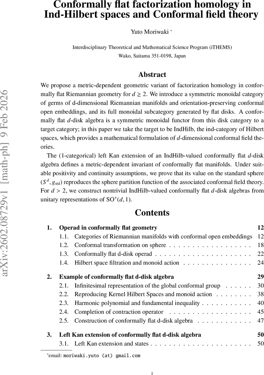 Conformally flat factorization homology in Ind-Hilbert spaces and Conformal field theory