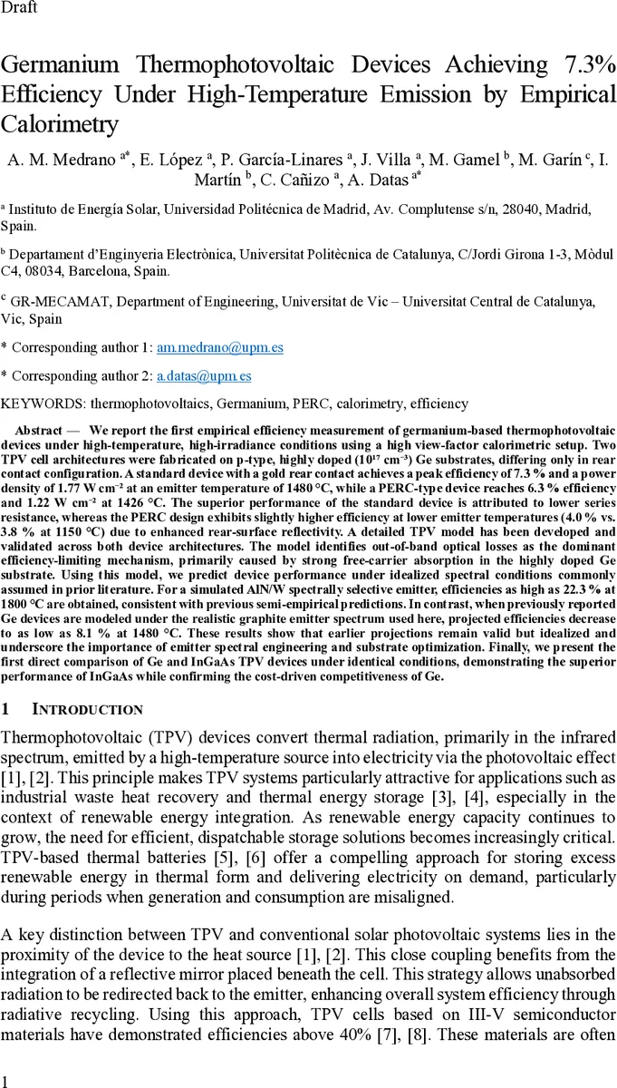 Germanium Thermophotovoltaic Devices Achieving 7.3% Efficiency Under High-Temperature Emission by Empirical Calorimetry