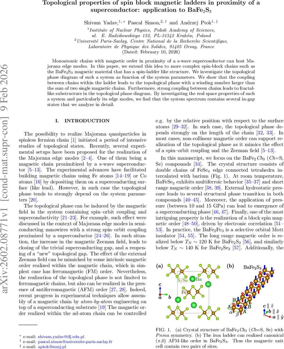 Topological properties of spin block magnetic ladders in proximity of a superconductor: application to BaFe$_{2}$S$_{3}$