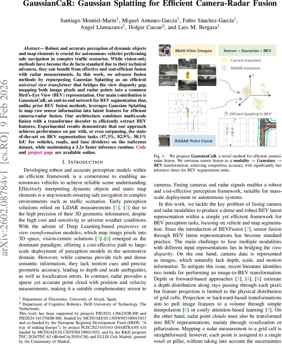 GaussianCaR: Gaussian Splatting for Efficient Camera-Radar Fusion