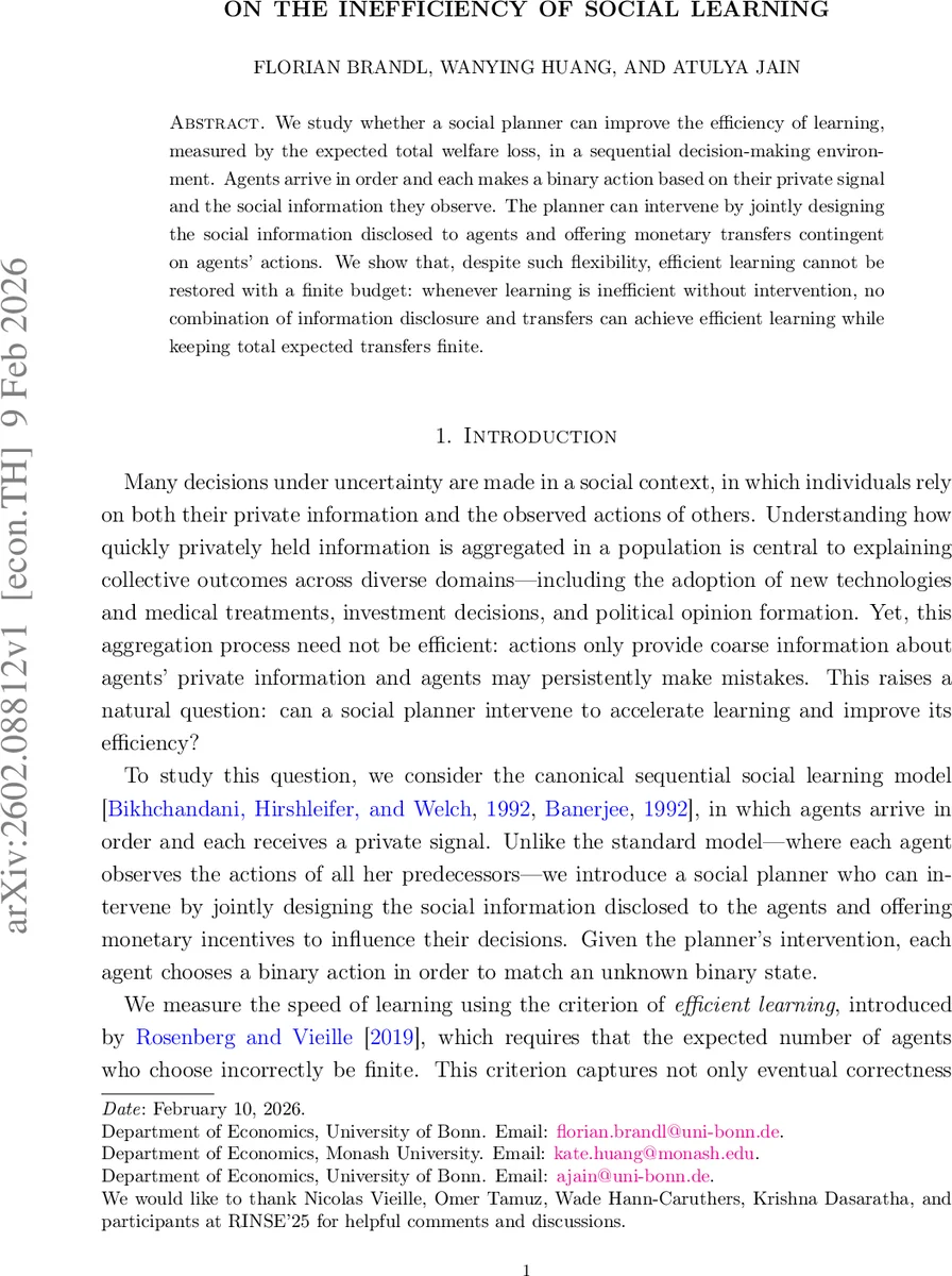 On the Inefficiency of Social Learning