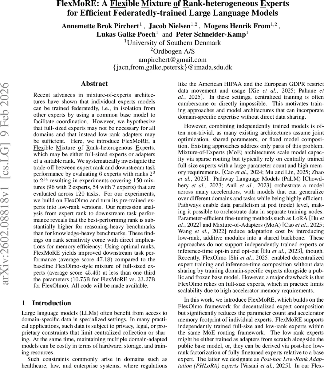 FlexMoRE: A Flexible Mixture of Rank-heterogeneous Experts for Efficient Federatedly-trained Large Language Models
