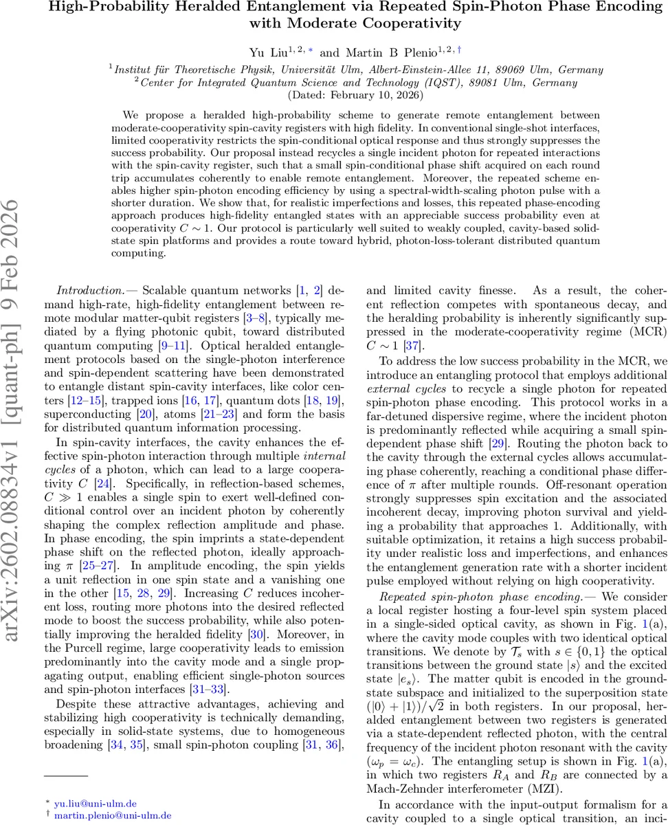 High-Probability Heralded Entanglement via Repeated Spin-Photon Phase Encoding with Moderate Cooperativity