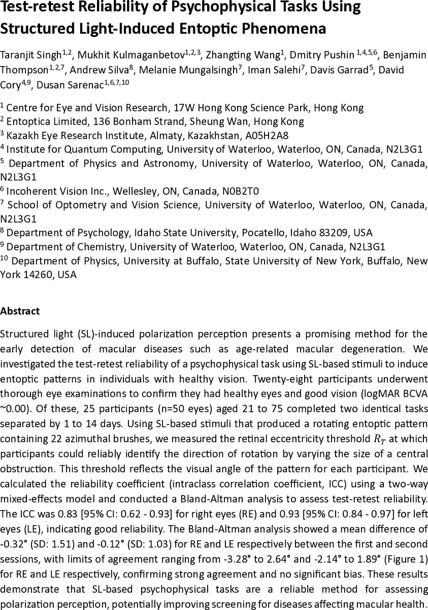 Test-retest Reliability of Psychophysical Tasks Using Structured Light-Induced Entoptic Phenomena