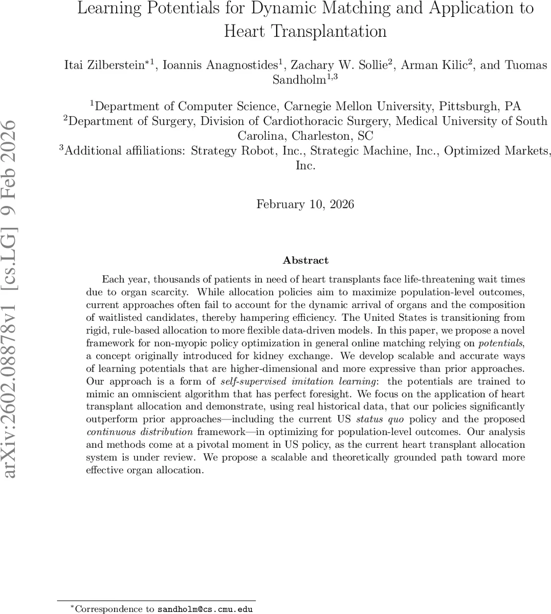 Learning Potentials for Dynamic Matching and Application to Heart Transplantation