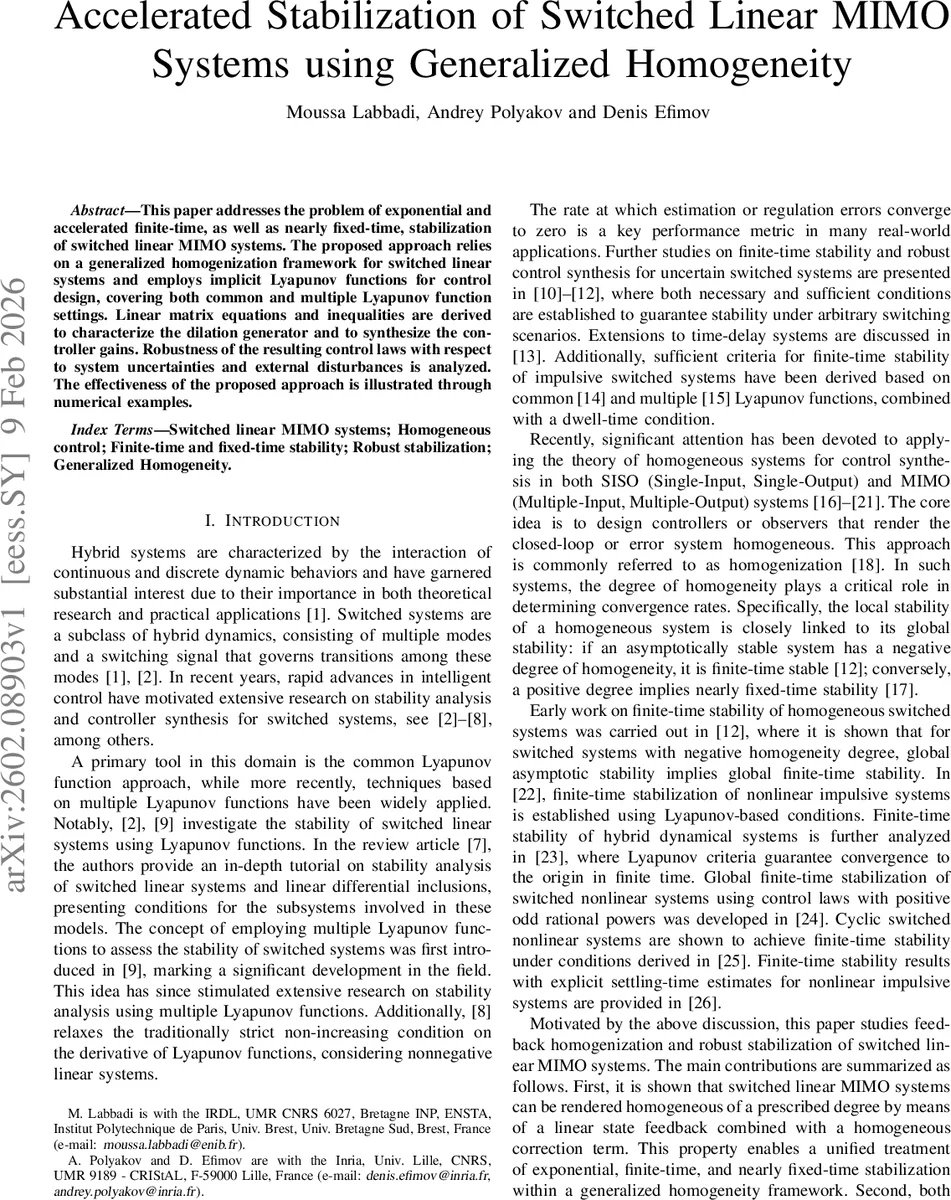 Accelerated Stabilization of Switched Linear MIMO Systems using Generalized Homogeneity