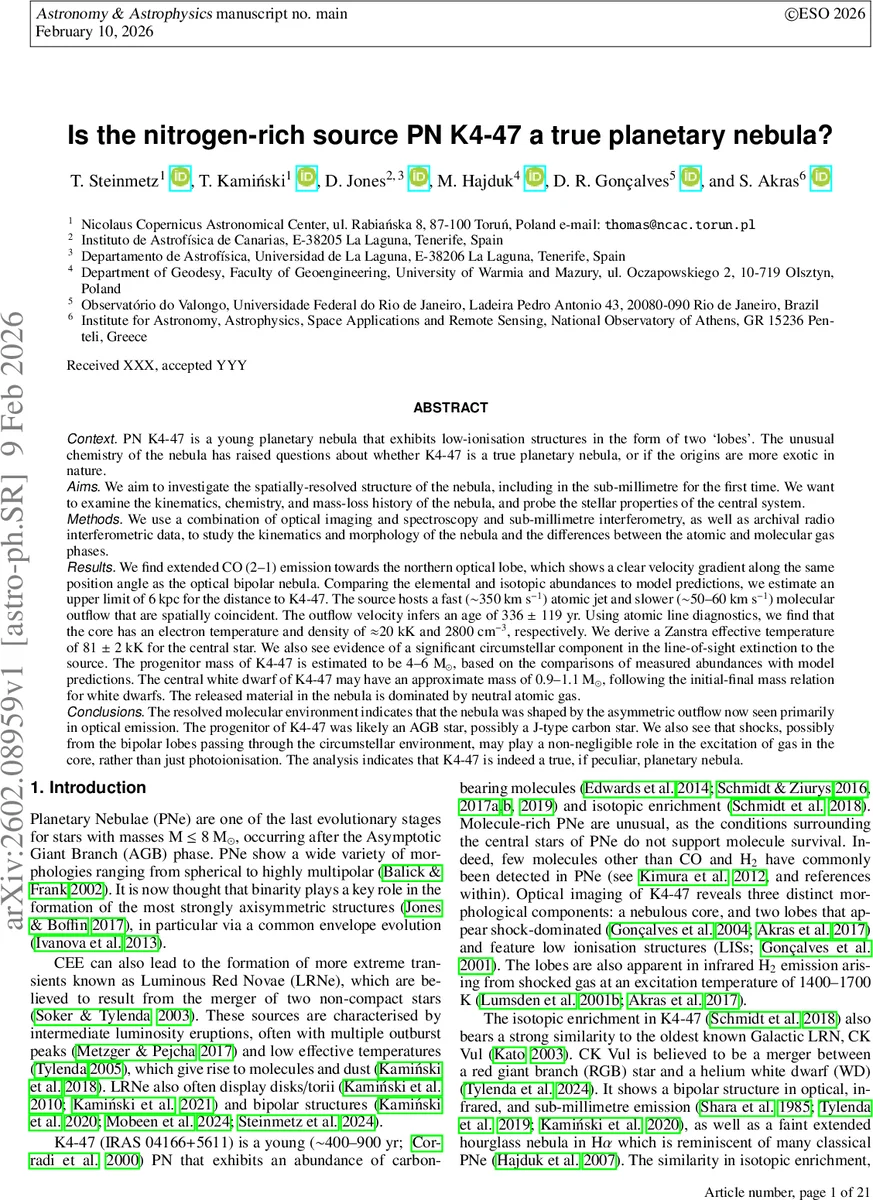 Is the nitrogen-rich source PN K4-47 a true planetary nebula?