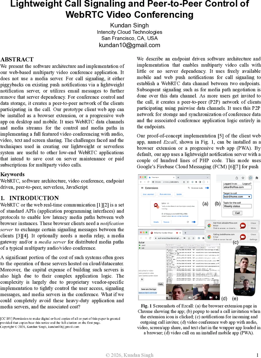 Lightweight Call Signaling and Peer-to-Peer Control of WebRTC Video Conferencing