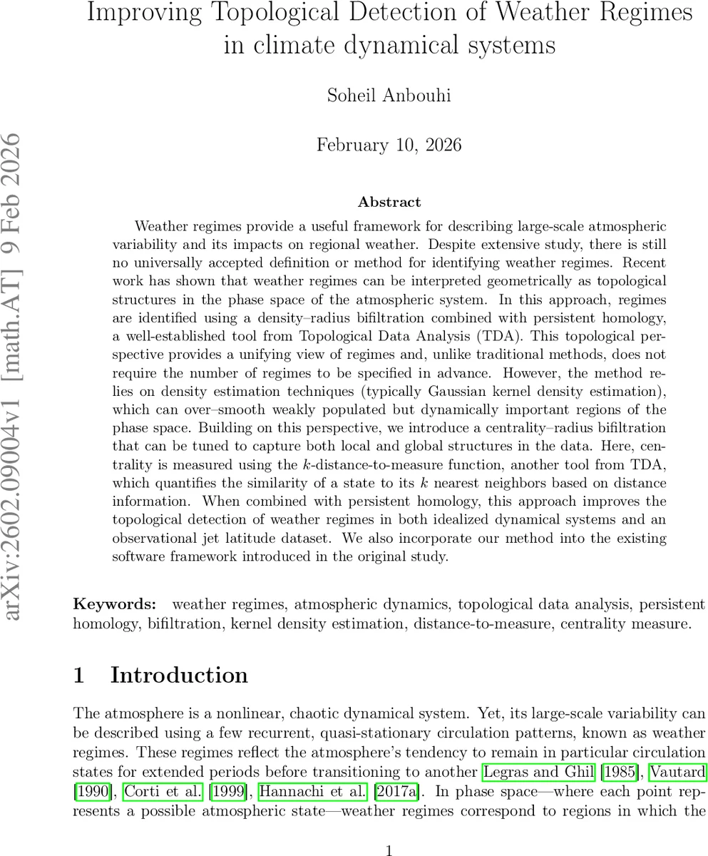 Improving Topological Detection of Weather Regimes in climate dynamical systems