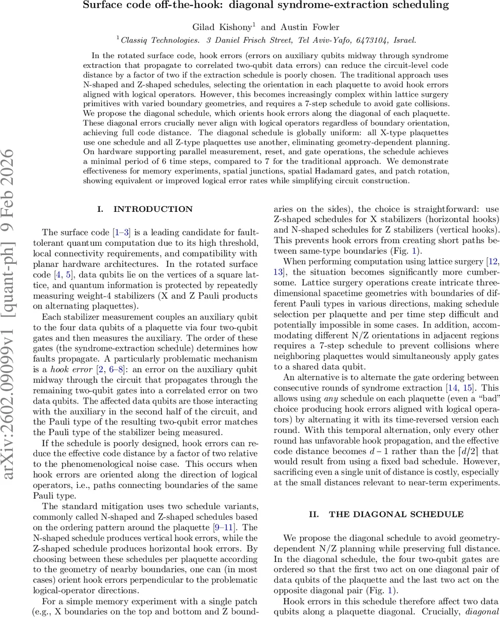 Surface code off-the-hook: diagonal syndrome-extraction scheduling