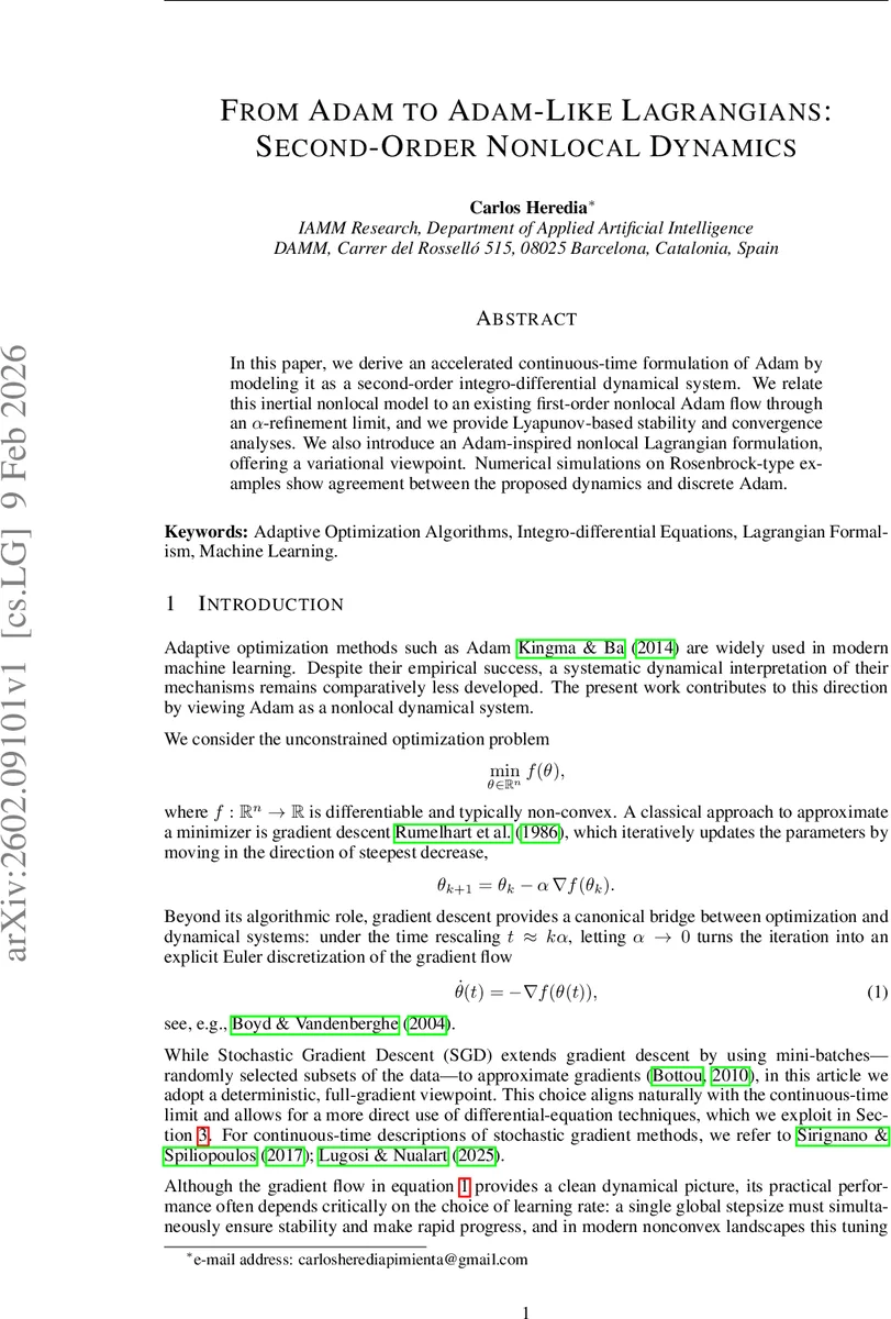 From Adam to Adam-Like Lagrangians: Second-Order Nonlocal Dynamics