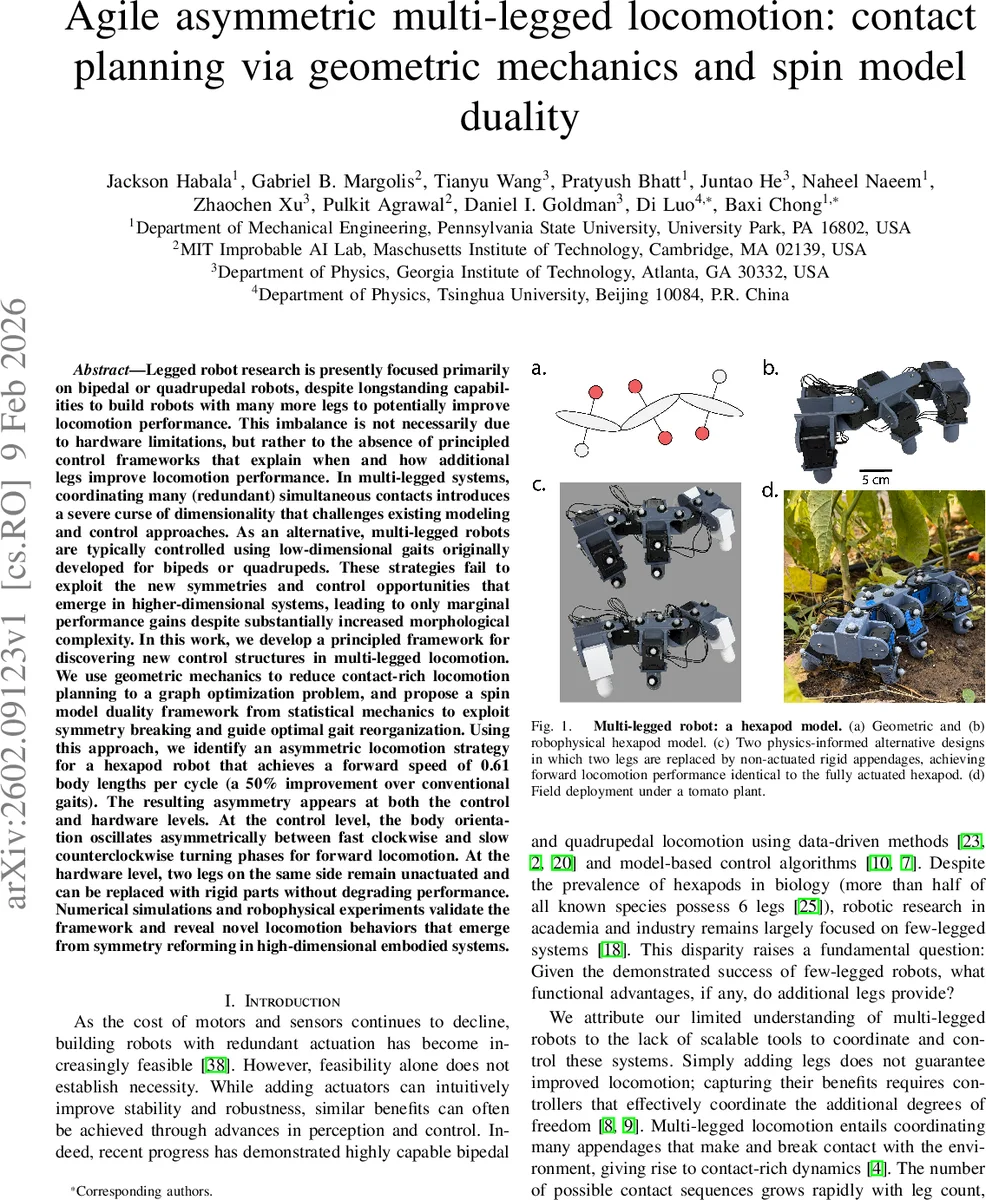 Agile asymmetric multi-legged locomotion: contact planning via geometric mechanics and spin model duality