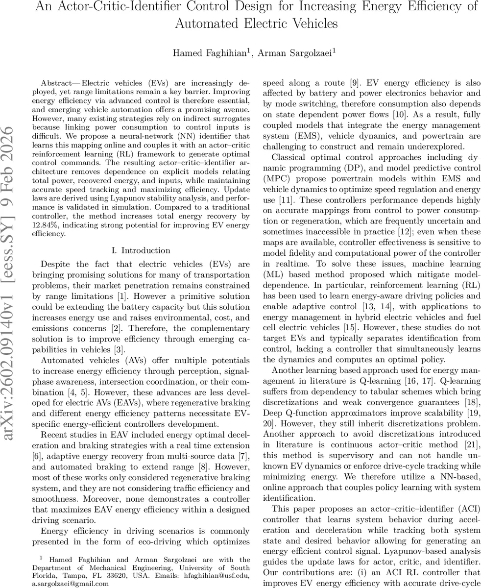 An Actor-Critic-Identifier Control Design for Increasing Energy Efficiency of Automated Electric Vehicles