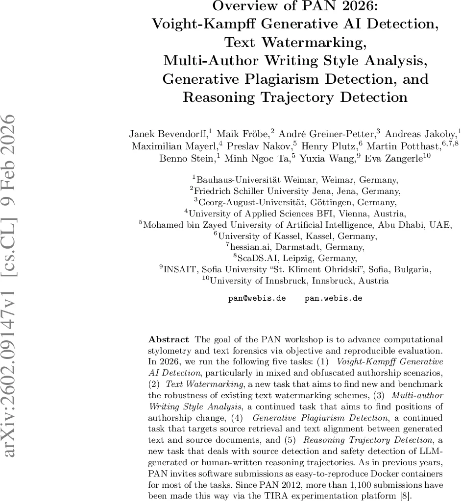 Overview of PAN 2026: Voight-Kampff Generative AI Detection, Text Watermarking, Multi-Author Writing Style Analysis, Generative Plagiarism Detection, and Reasoning Trajectory Detection