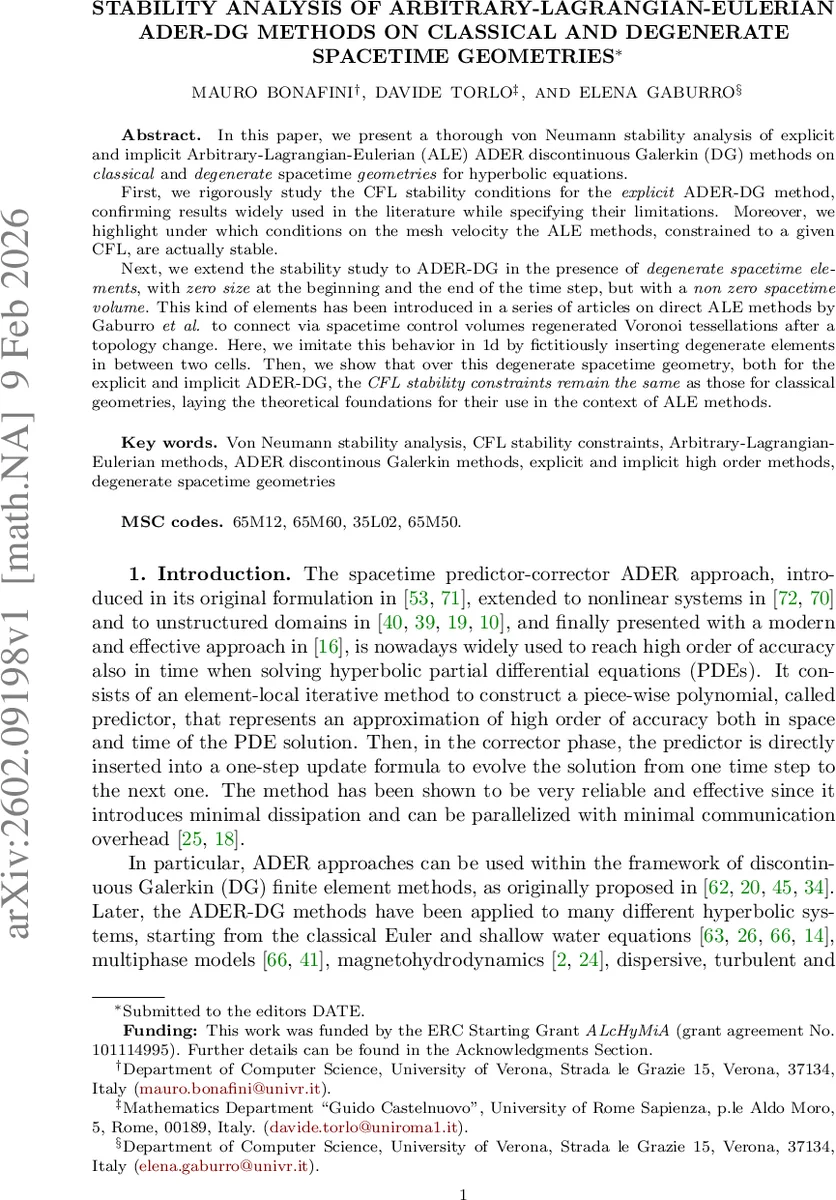 Stability analysis of Arbitrary-Lagrangian-Eulerian ADER-DG methods on classical and degenerate spacetime geometries