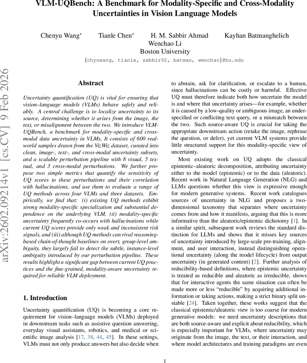 VLM-UQBench: A Benchmark for Modality-Specific and Cross-Modality Uncertainties in Vision Language Models
