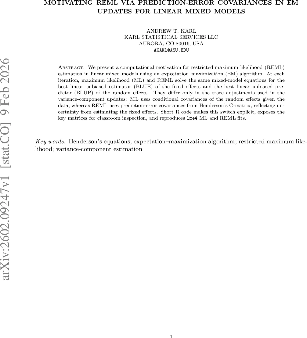 Motivating REML via Prediction-Error Covariances in EM Updates for Linear Mixed Models
