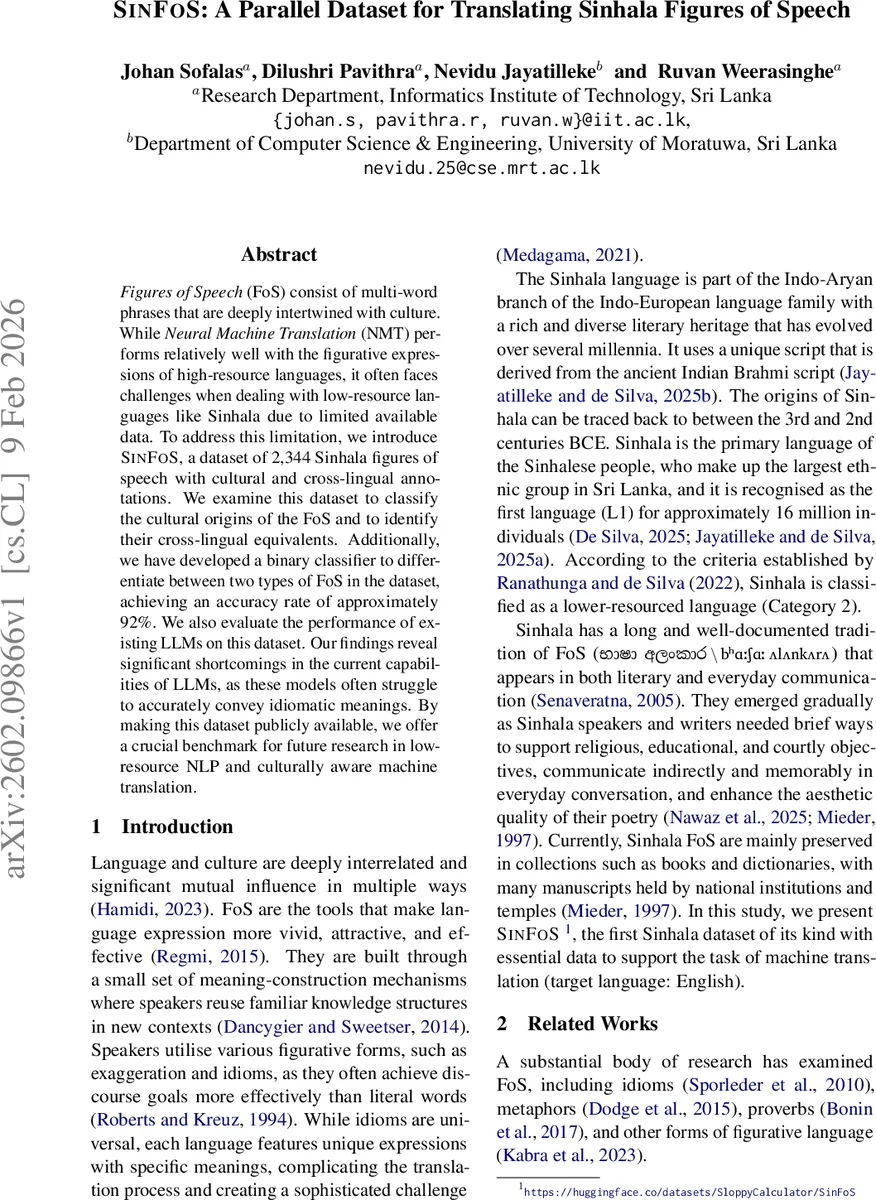 SinFoS: A Parallel Dataset for Translating Sinhala Figures of Speech