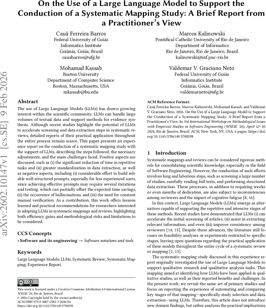 On the Use of a Large Language Model to Support the Conduction of a Systematic Mapping Study: A Brief Report from a Practitioner's View