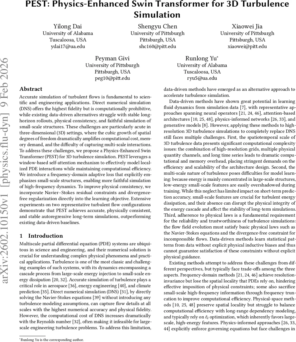 PEST: Physics-Enhanced Swin Transformer for 3D Turbulence Simulation