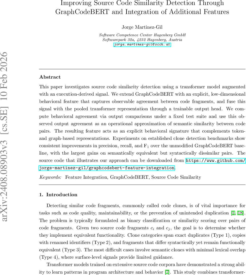 Improving Source Code Similarity Detection Through GraphCodeBERT and Integration of Additional Features