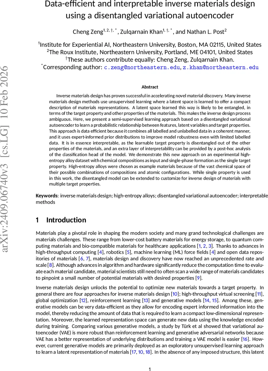 Data-efficient and Interpretable Inverse Materials Design using a Disentangled Variational Autoencoder