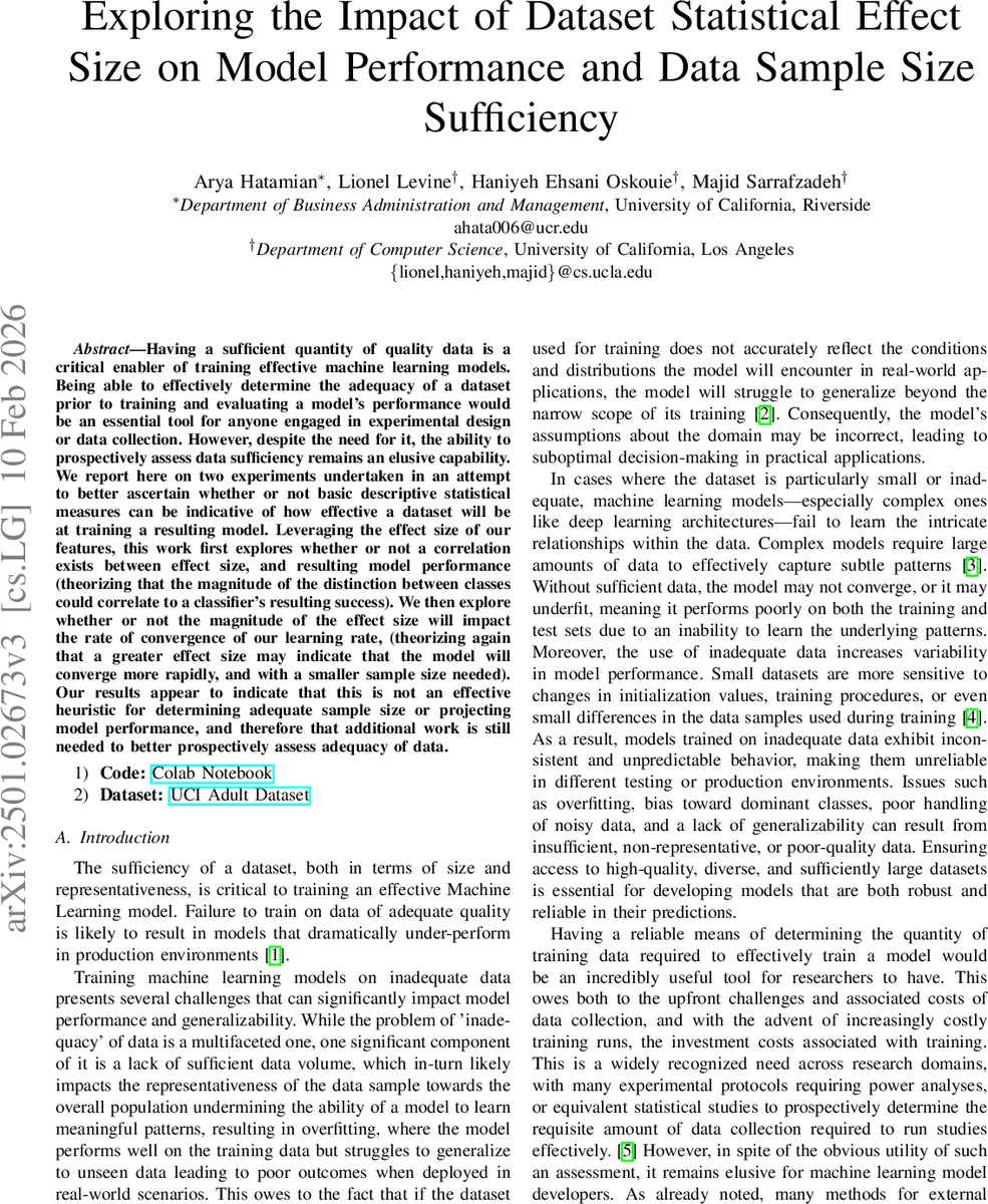 Exploring the Impact of Dataset Statistical Effect Size on Model Performance and Data Sample Size Sufficiency