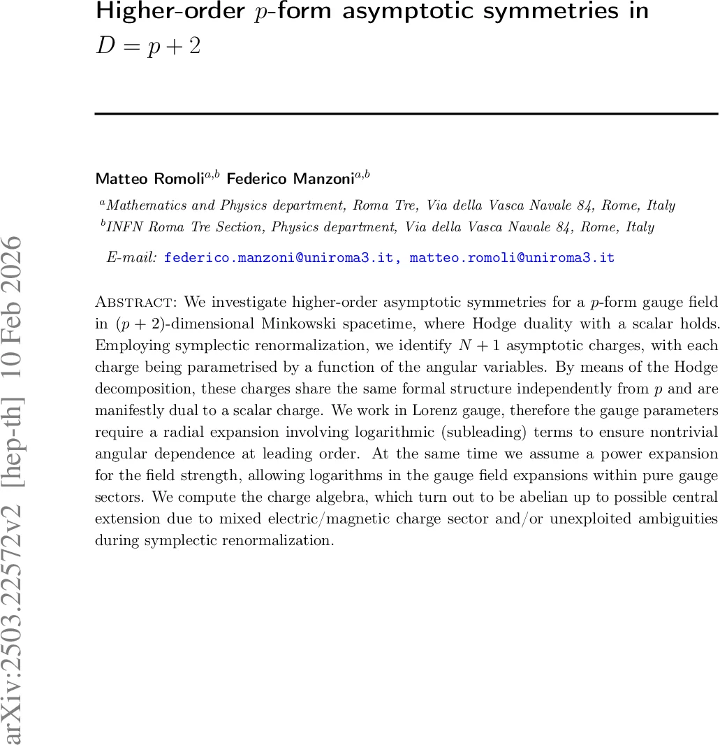 Higher-order $p$-form asymptotic symmetries in $D = p + 2$