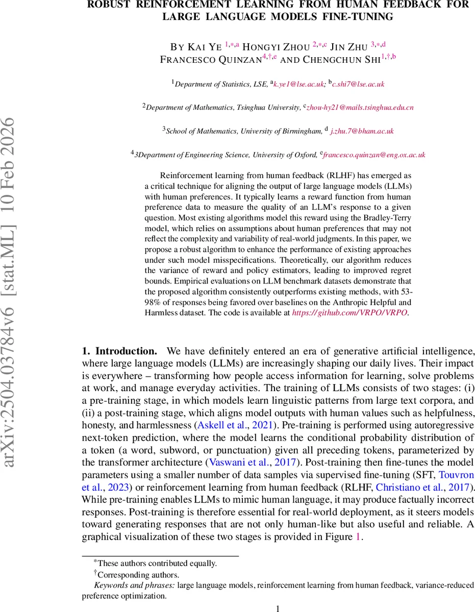 Robust Reinforcement Learning from Human Feedback for Large Language Models Fine-Tuning
