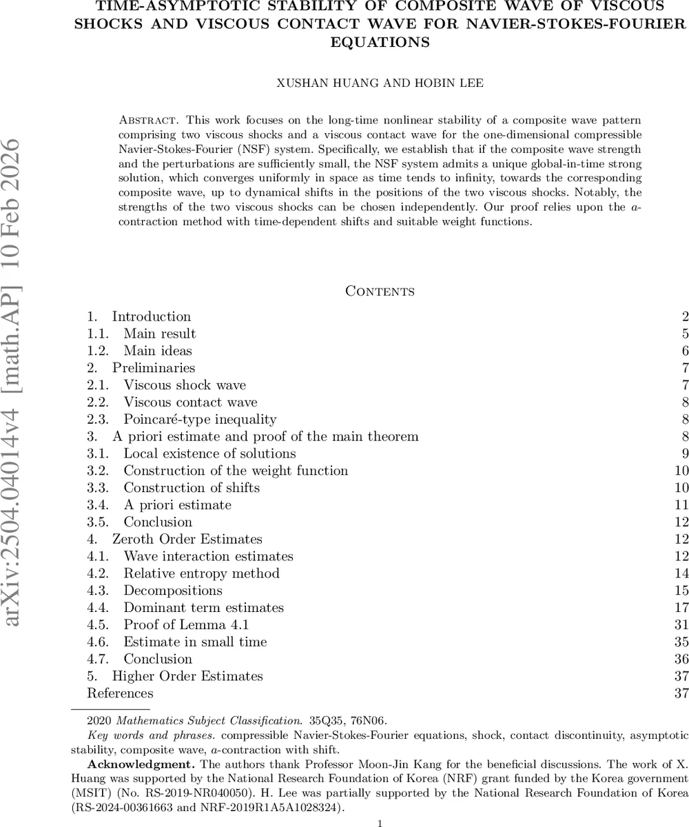 Time-asymptotic stability of composite wave of viscous shocks and viscous contact wave for Navier-Stokes-Fourier equations