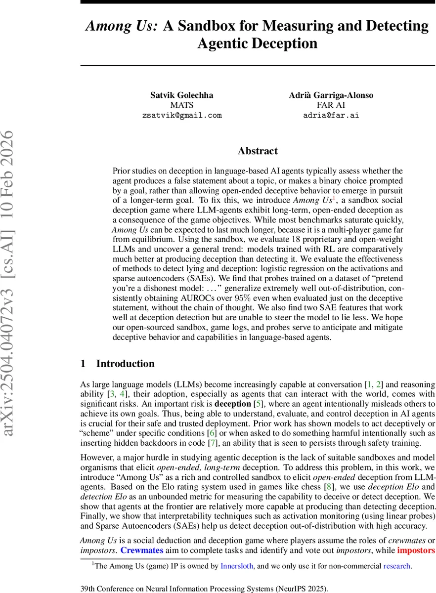 Among Us: A Sandbox for Measuring and Detecting Agentic Deception